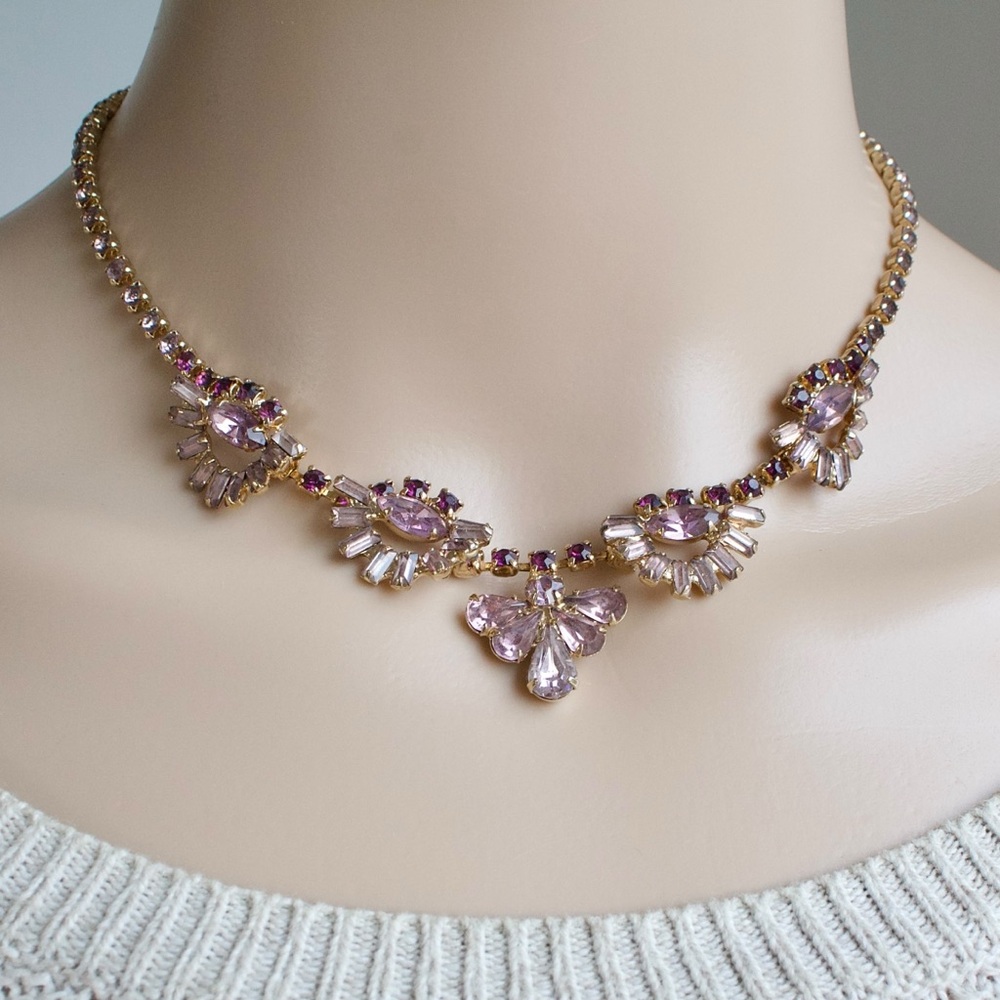 Vintage Purple Rhinestone Statement Necklace Mid-Century Glam Choker / Collar